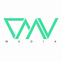 Logo firmy medialnej z geometrycznym symbolem w kolorze miętowym i napisem MEDIA pod spodem.