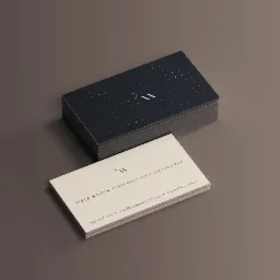 Stos wizytówek architektonicznych w odcieniach granatu i beżu, z minimalistycznym logo i danymi kontaktowymi pracowni architektonicznej Piotra Wojtasa, ułożonych na gładkim, szarym tle.