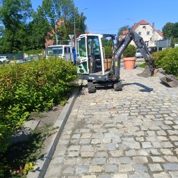 Marek Ślązak Marurent - Kompaktowa koparka Terex TC16 na brukowanym placu, z zielenią w tle i budynkami. Widoczny duży doniczki z roślinami. Jasne, słoneczne oświetlenie.