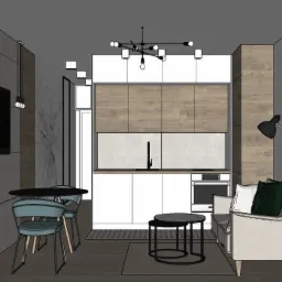 Wizualizacja wnętrza mieszkania z aneksem kuchennym, widoczne białe szafki kuchenne z drewnianymi frontami, stół z krzesłami oraz sofa z lampą podłogową.
