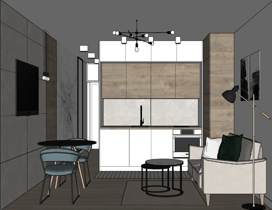 Wizualizacja wnętrza mieszkania z aneksem kuchennym, widoczne białe szafki kuchenne z drewnianymi frontami, stół z krzesłami oraz sofa z lampą podłogową.