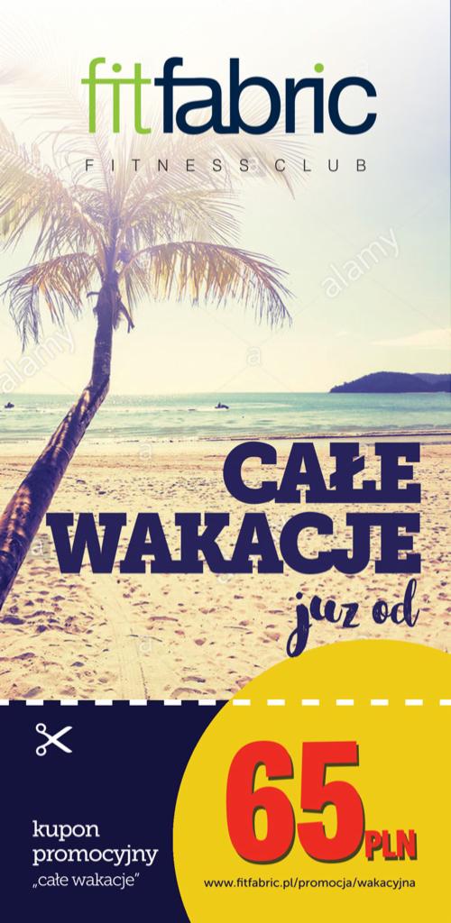 Tropikalna plaża z palmą i napisem 'Całe wakacje już od 65 PLN' - promocja fitness klubu z Łodzi.