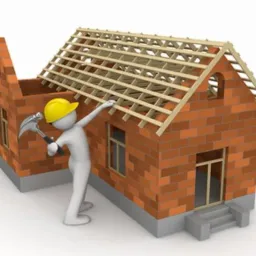 Animowana postać w kasku budowlanym wbija gwoździe młotkiem w więźbę dachową powstającego domu z cegły