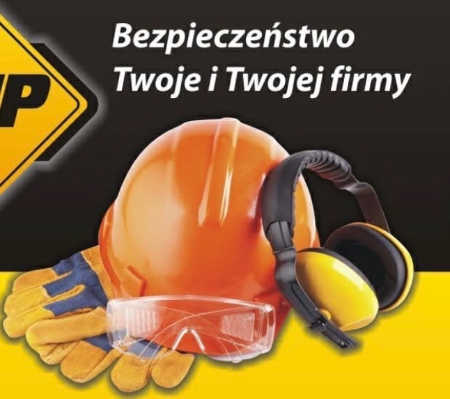 Grafika BHP: kask, słuchawki, okulary i rękawice na żółto-czarnym tle z napisem 'Bezpieczeństwo Twoje i Twojej firmy'.