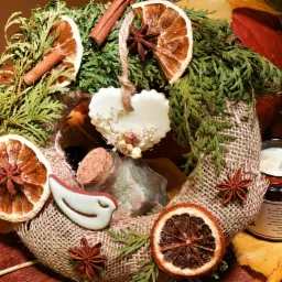 Jesienny wieniec dekoracyjny z suszonych pomarańczy, lasek cynamonu, anyżu gwiazdkowego, zielonych gałązek, świecy w brązowym słoiku i słoiczka z solą do kąpieli, całość na drewnianym stole z dynią...