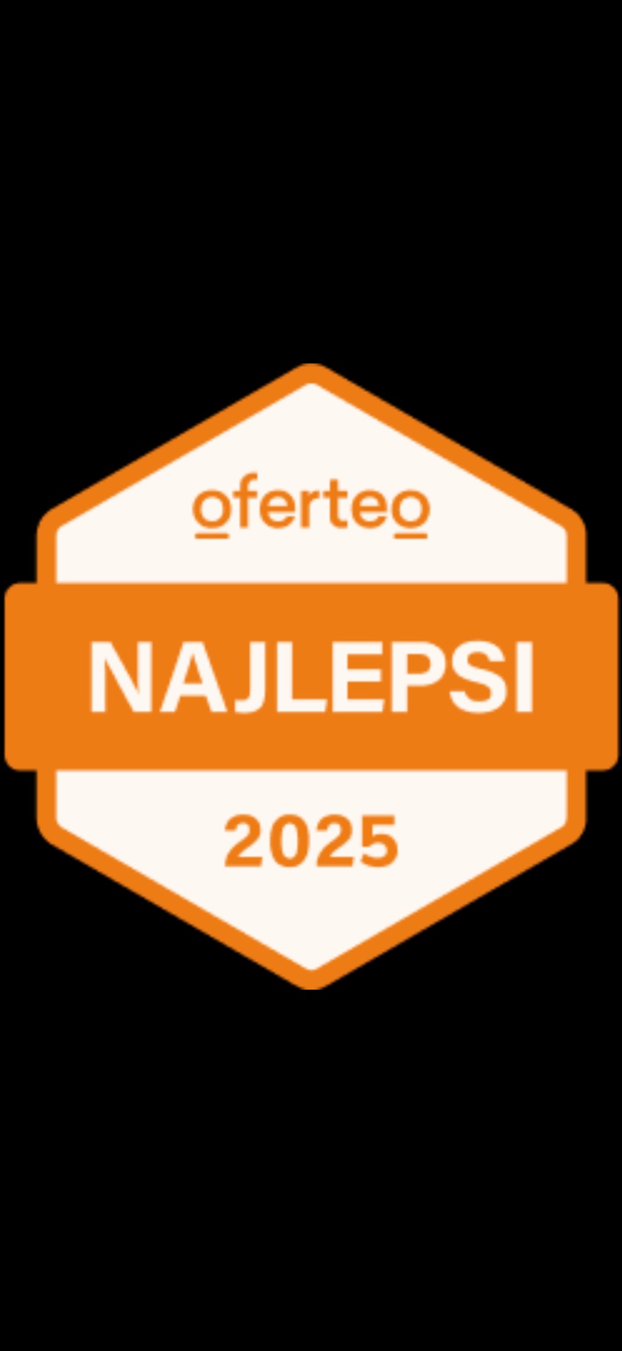 Pomarańczowo-biała odznaka Oferteo z napisem 'NAJLEPSI' i rokiem 2025 na czarnym tle.