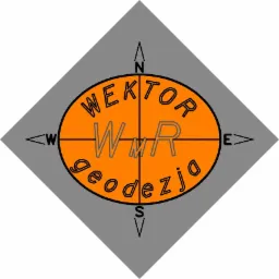 Pomarańczowe logo firmy Wektor Geodezja na szarym tle w kształcie rombu z zaznaczonymi kierunkami świata.