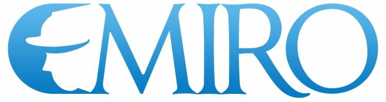 Niebieskie logo firmy MIRO z sylwetką osoby w kapeluszu wkomponowaną w literę E.