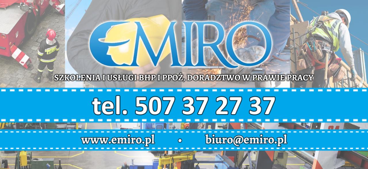 Kompozycja graficzna z logo Emiro, prezentująca usługi BHP i PPOŻ, szkolenia oraz doradztwo w prawie pracy, z numerem telefonu i adresem e-mail.