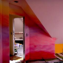 Andrzej Ciesiński - Ściana poddasza w trakcie malowania na różowo, widoczne przejścia kolorów i niedomalowane fragmenty, w tle otwarte drzwi do łazienki z wiadrami i narzędziami