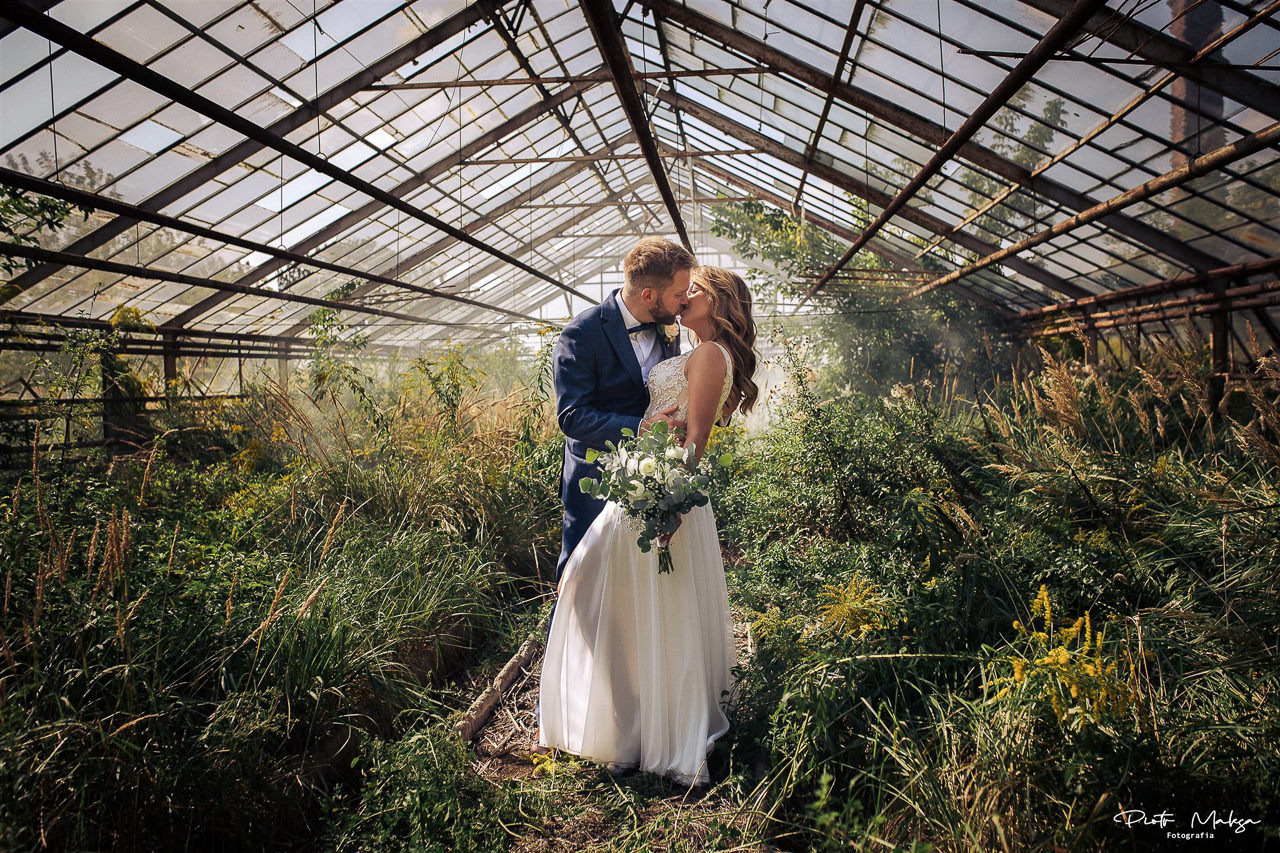 Para młoda całuje się w opuszczonej szklarni, otoczona bujną roślinnością, panna młoda trzyma bukiet białych róż i eukaliptusa, a światło słoneczne przebija przez szklany dach.