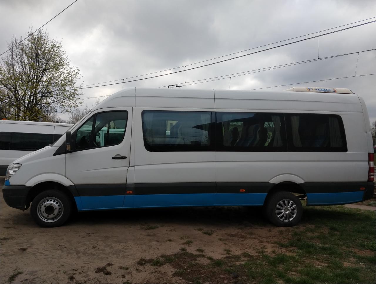 Biały bus Mercedes Sprinter z niebieskim pasem na dole, widok z boku na tle pochmurnego nieba i drzewa bez liści.