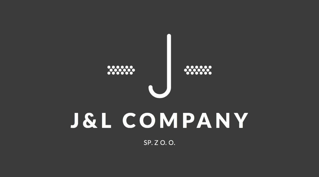 Logo firmy J&L Company Sp. z o.o. na ciemnoszarym tle, przedstawiające stylizowaną literę J z dwoma rzędami kropek po bokach.
