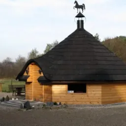 Drewniana altana o nietypowym kształcie z czarnym dachem krytym gontem i metalową figurką konia na szczycie, otoczona kamieniami i utwardzonym placem.