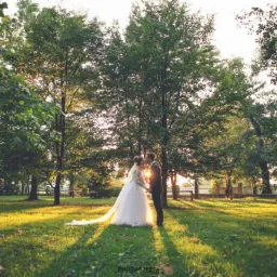 Para młoda całująca się na tle drzew w słoneczny dzień, długi welon panny młodej rozciąga się na trawie, promienie słoneczne przebijają przez liście.