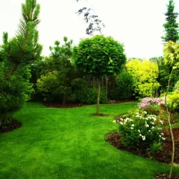 Starannie zaprojektowany ogród z równo przystrzyżonym trawnikiem, różnorodnymi drzewami i krzewami, w tym kulistą formą drzewa na środku, oraz rabatami kwiatowymi z białymi i różowymi kwiatami...