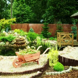 Oczko wodne z kaskadą, bujną roślinnością i drewnianą altaną w tle. Na pierwszym planie taczka wypełniona kwitnącymi kwiatami, otoczona żwirową ścieżką z drewnianym obrzeżem.