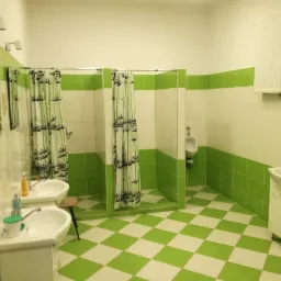Wnętrze publicznej łazienki z kabinami prysznicowymi zasłoniętymi zielonymi zasłonami z motywem bambusa, umywalkami i podłogą w zielono-białą szachownicę.