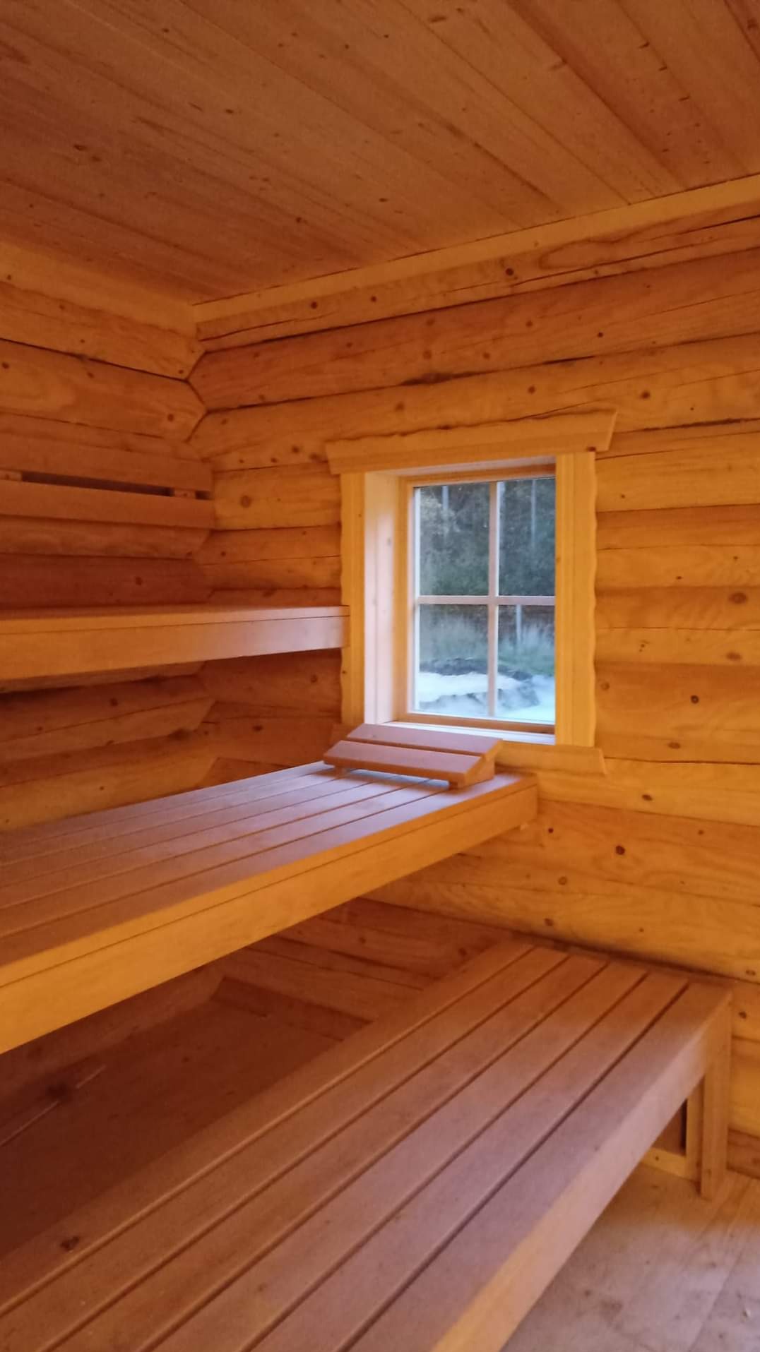 Wnętrze sauny z drewnianymi ławkami ułożonymi w trzech rzędach, małe okno z widokiem na zewnątrz.