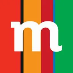 Białe logo 'm' na tle z pionowych pasów w kolorach: czerwonym, pomarańczowym, bordowym i zielonym.