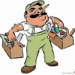 Karykatura uśmiechniętego majstra z wąsami, w zielonym kombinezonie i czapce, trzymającego dwie skrzynki z narzędziami, z ołówkiem za uchem.