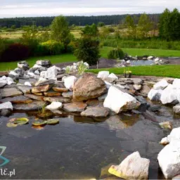 Oczko wodne z kamienną kaskadą i roślinami wodnymi w ogrodzie, z drugim, mniejszym zbiornikiem w tle.