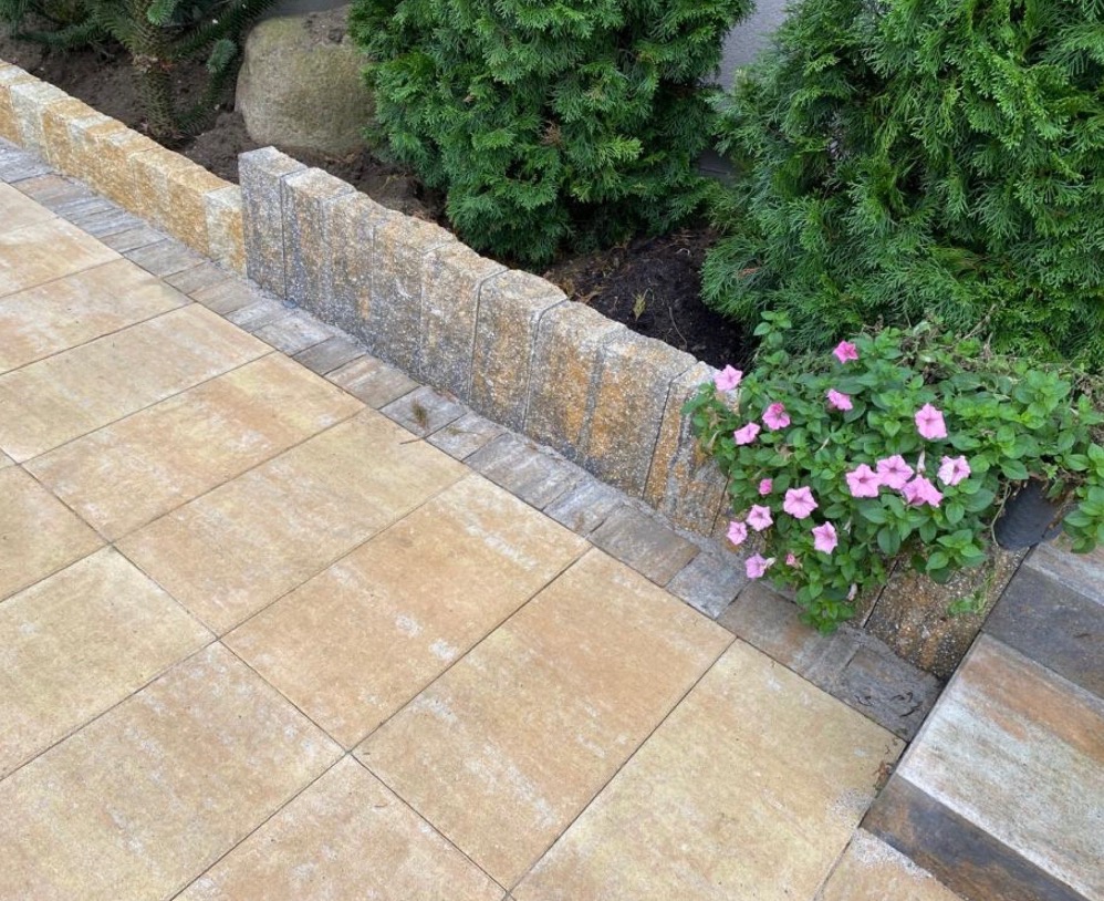 Beżowa kostka brukowa ułożona na podjeździe, obrzeża z szarej kostki, niski murek z kamienia, iglaki i kwiaty w donicy.