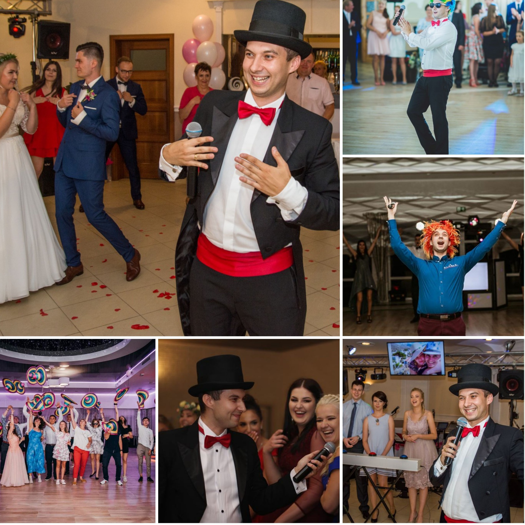 Kolaż zdjęć z imprezy: wodzirej w cylindrze i czerwonej muszce prowadzi zabawę, tańczący goście weselni, osoba w peruce i niebieskiej koszuli z uniesionymi rękami, zabawa z kolorowymi rekwizytami.