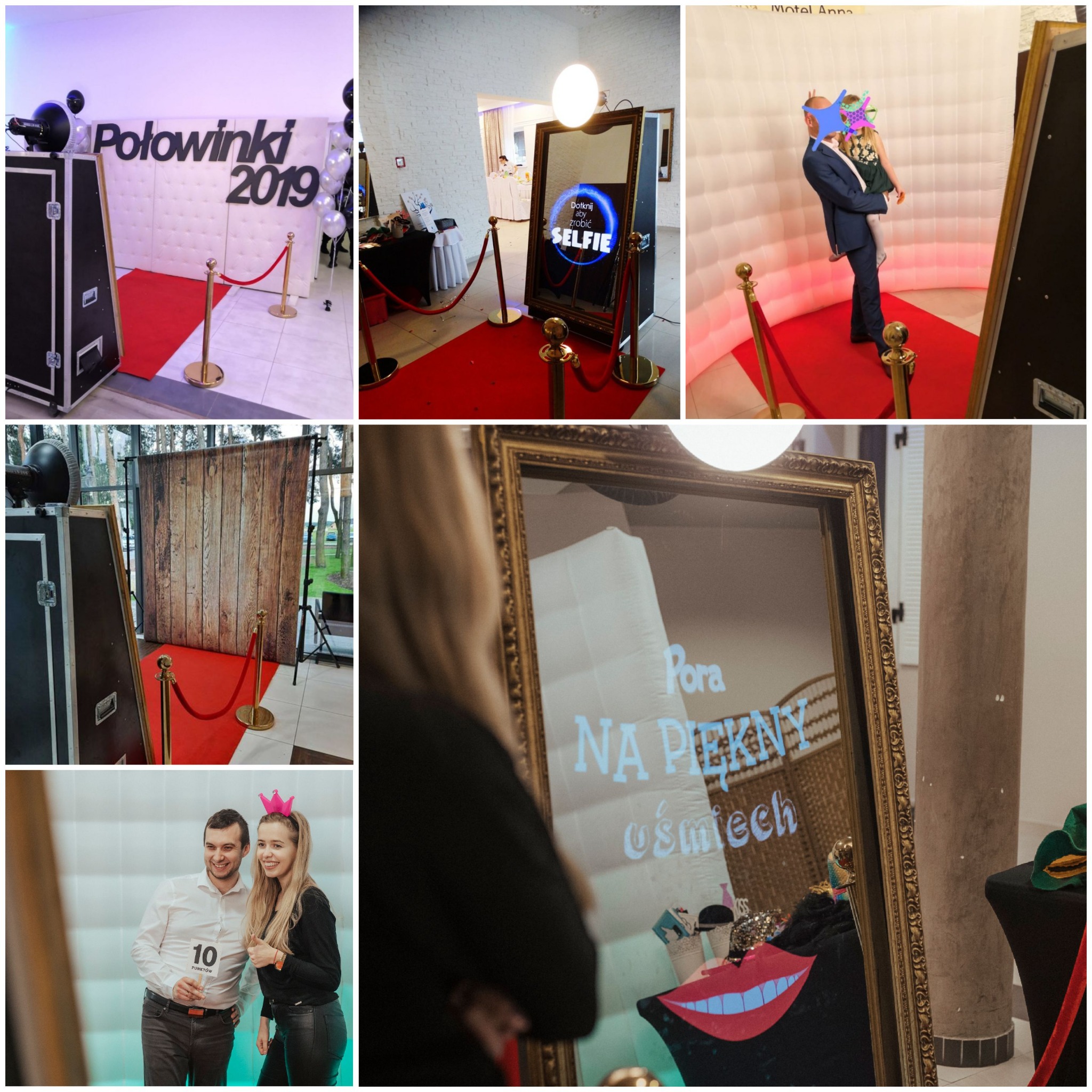Różne aranżacje fotobudek z czerwonym dywanem i złotymi słupkami: lustrzana fotobudka z napisem 'Selfie', ścianka z napisem 'Połowinki 2019', ścianka z drewnianym tłem, oraz dmuchana fotobudka...