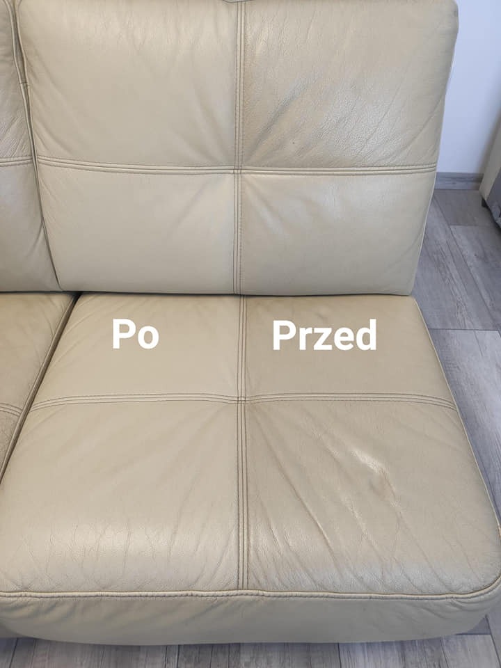 Beżowa skórzana kanapa modułowa, widok z góry na siedzisko i oparcie, z lewej strony efekt 'po' czyszczeniu, z prawej strony efekt 'przed' czyszczeniem, widoczna różnica w odcieniu i usunięcie...