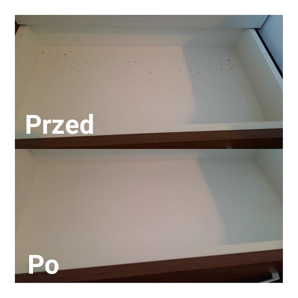 Porównanie czystości szuflady przed i po wysprzątaniu; widoczne drobne zabrudzenia w górnej części zdjęcia i czysta powierzchnia w dolnej.