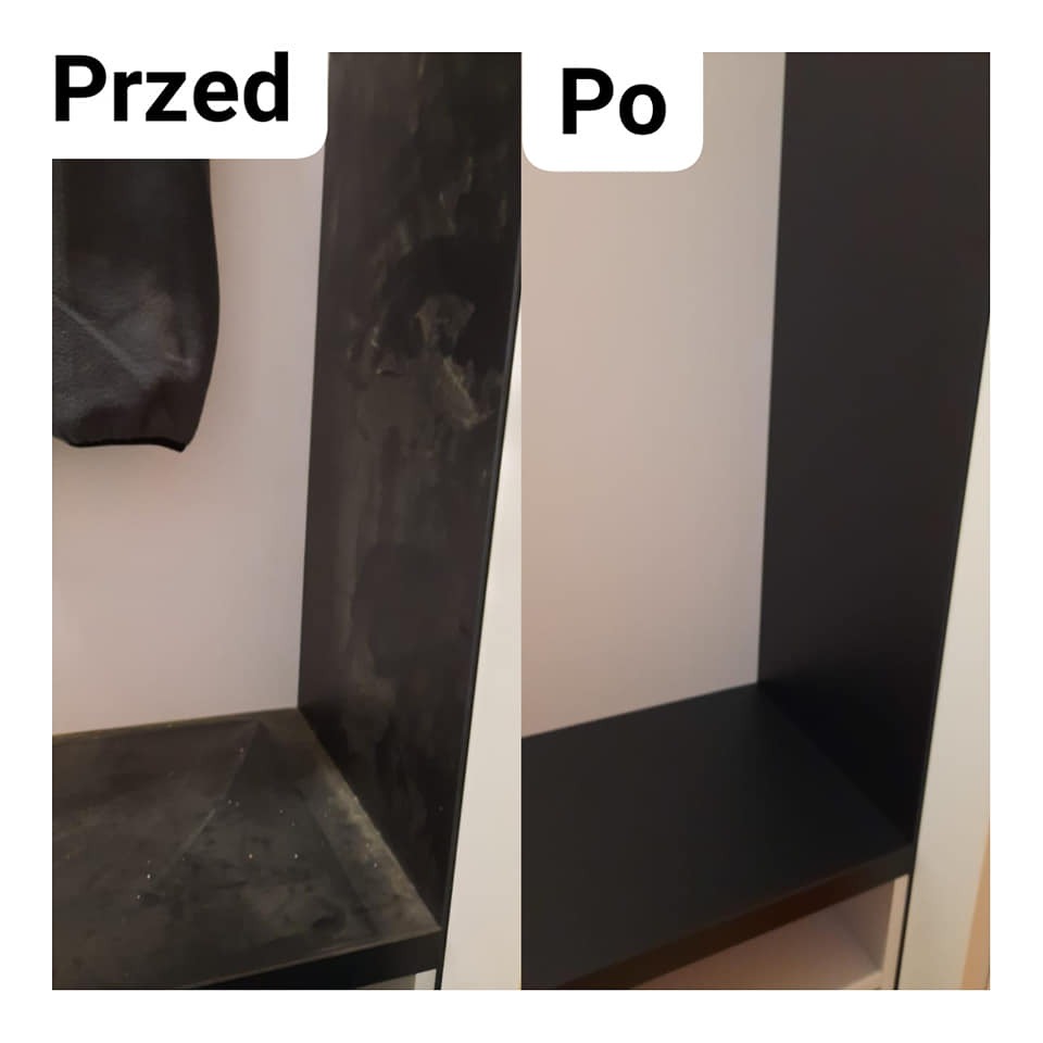 Półka na buty w przedpokoju: widok przed i po czyszczeniu. Po lewej brudna, zakurzona powierzchnia, po prawej czysta, czarna półka.