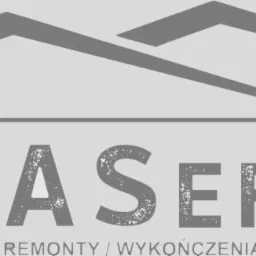 Szare logo firmy 'KAMA EFFECT' z motywem domu i napisem 'Remonty / Wykończenia' poniżej, na jasnoszarym tle.