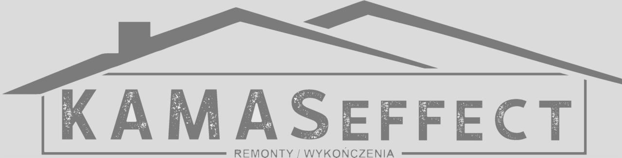 Szare logo firmy 'KAMA EFFECT' z motywem domu i napisem 'Remonty / Wykończenia' poniżej, na jasnoszarym tle.