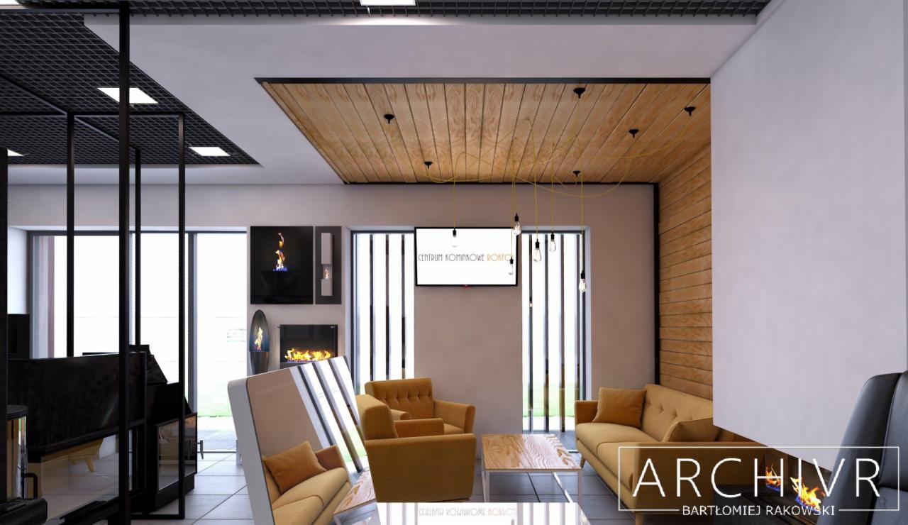 Wizualizacja salonu z drewnianym sufitem, oświetleniem punktowym i kominkami dekoracyjnymi, uzupełniona o żółte sofy i fotele.