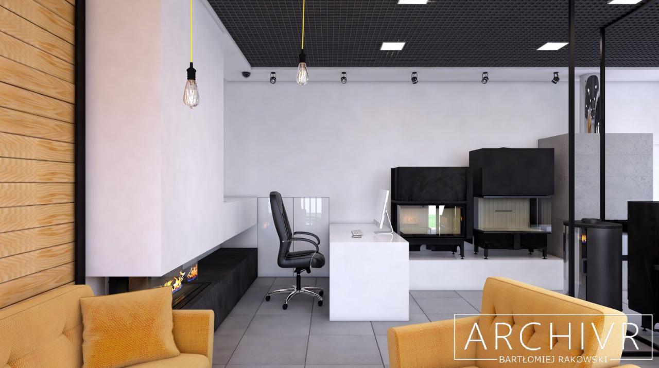 Wizualizacja wnętrza biura z ekspozycją kominków: żółta sofa, białe biurko, czarne krzesło i kominki na podwyższeniu, oświetlone wiszącymi lampami edisonkami.