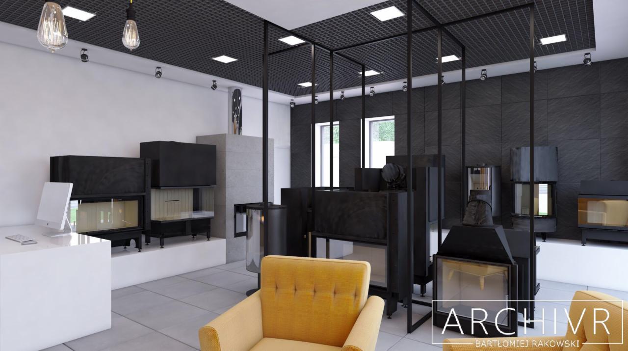 Wnętrze salonu z ekspozycją nowoczesnych kominków, żółty fotel na pierwszym planie, czarne ściany i sufit z kratką, oświetlenie punktowe.
