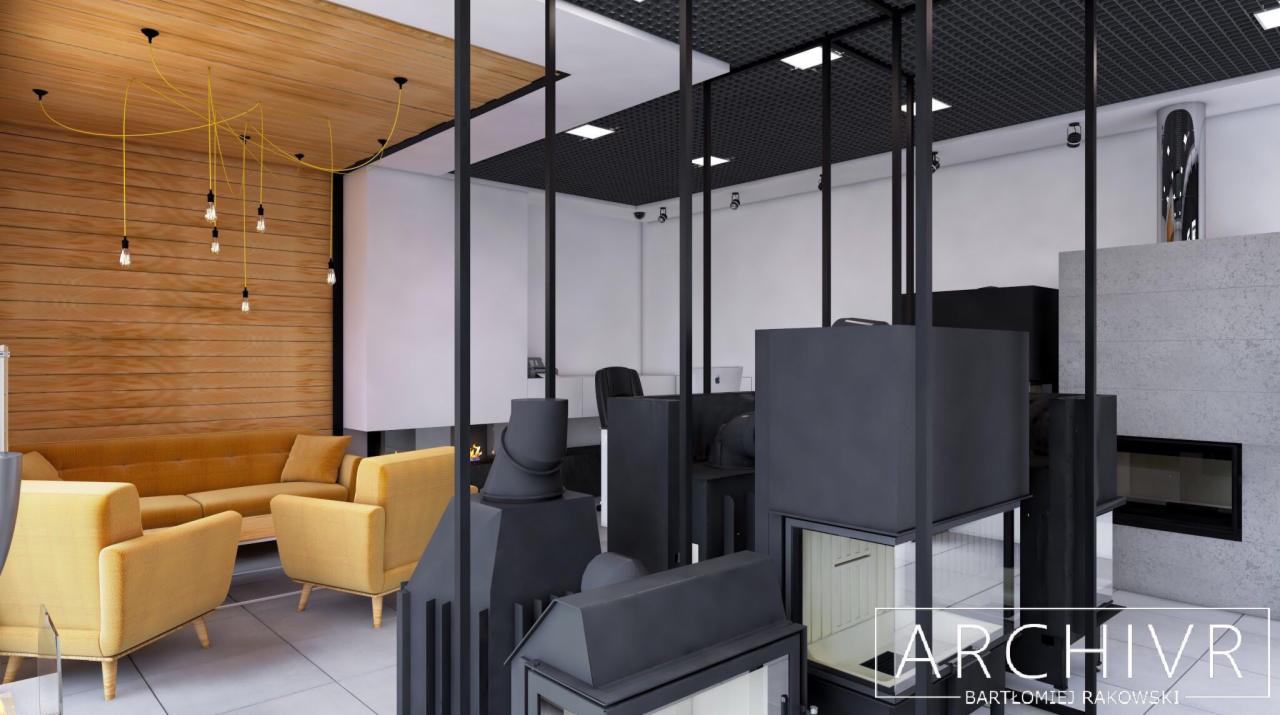 Nowoczesne wnętrze z drewnianą ścianą, żółtymi sofami i licznymi czarnymi kominkami, widoczne czarne ramy konstrukcyjne, podwieszany sufit z oświetleniem punktowym, logo architektoniczne w prawym...