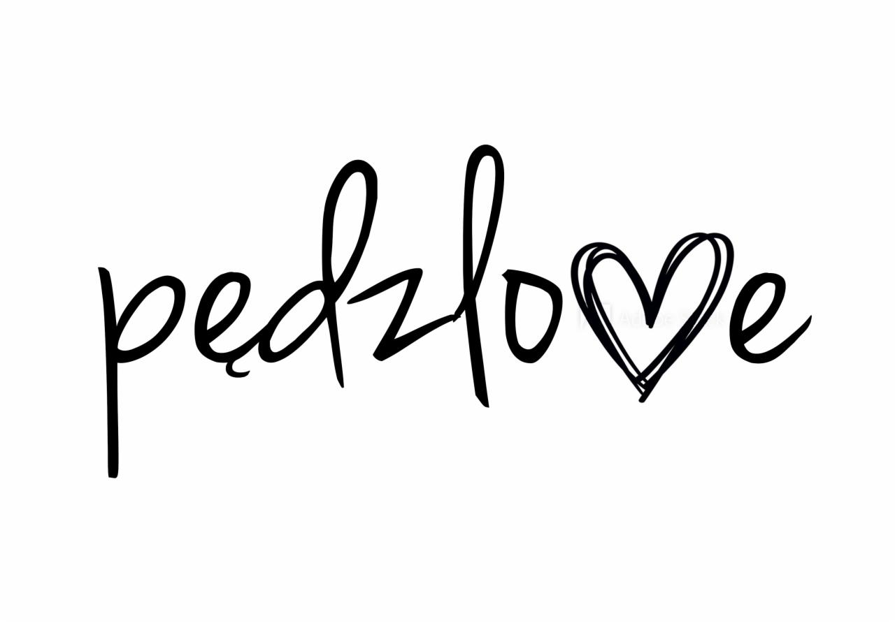 Czarny, odręczny napis 'pedzlove' z symbolem serca zamiast litery 'v' na białym tle.