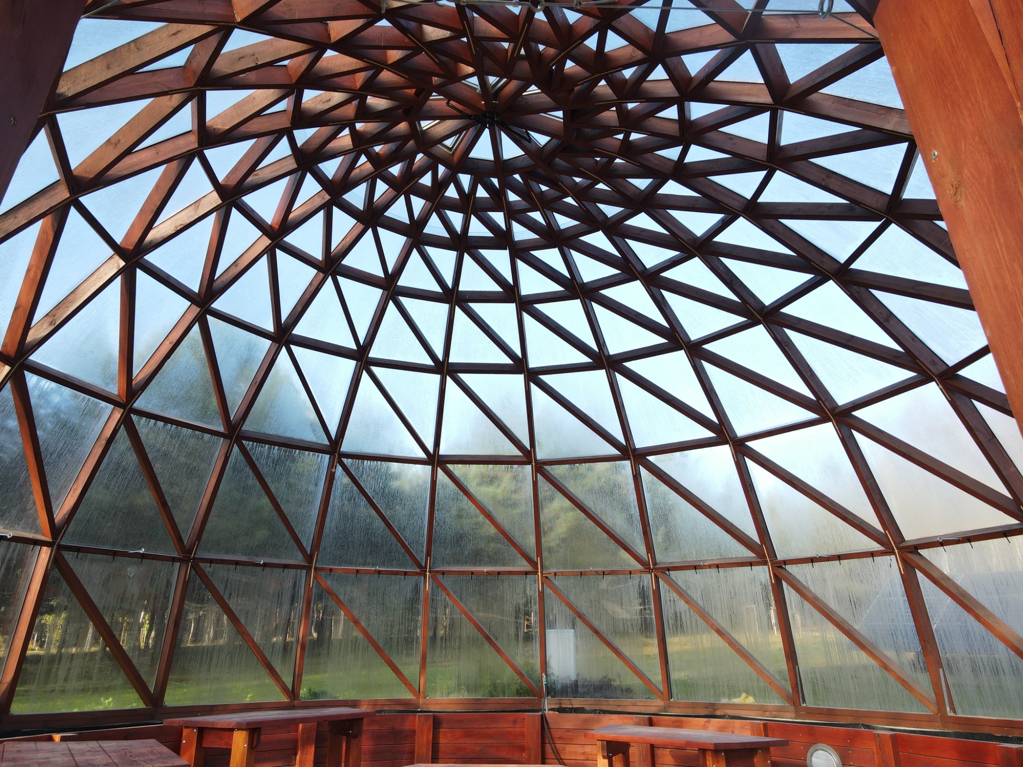 Wnętrze kopuły geodezyjnej z drewnianą konstrukcją i przezroczystymi panelami, widok na zewnątrz z drzewami w tle, drewniane ławki wewnątrz.