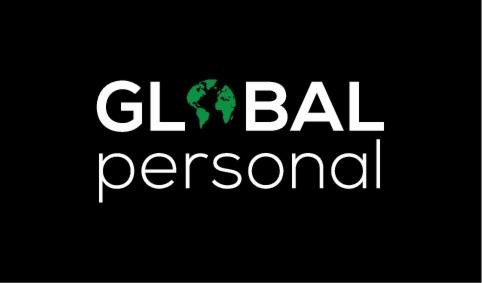 Logo firmy z napisem 'GLOBAL personal', gdzie w słowie 'GLOBAL' litera 'O' zastąpiona jest zieloną mapą świata na czarnym tle.