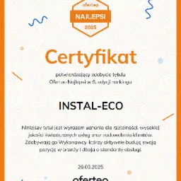 Certyfikat Oferteo Najlepsi 2025 dla firmy INSTAL-ECO, potwierdzający wysoką jakość świadczonych usług i zadowolenie klientów, z datą wystawienia 26.03.2025.