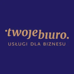 Logo firmy 'twojebiuro.' w kolorze złotym na granatowym tle, z dopiskiem 'USŁUGI DLA BIZNESU' poniżej.