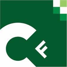 Zielone logo z białymi literami C i F w negatywnej przestrzeni, w prawym górnym rogu zielone piksele tworzące wzór szachownicy.