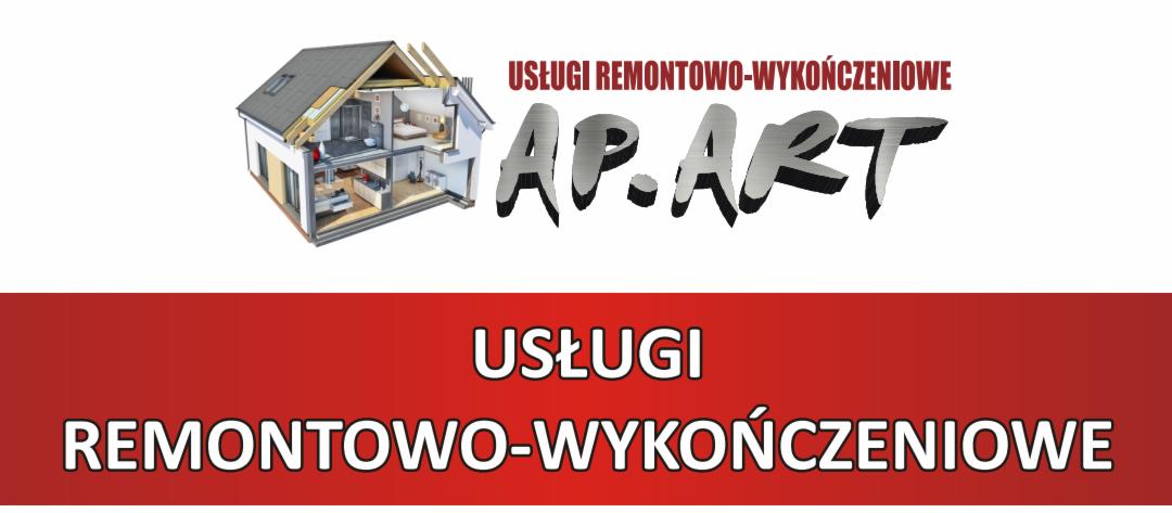 Wizualizacja 3D przekroju domu z wyposażeniem wnętrz, logo firmy AP.ART oraz hasło 'Usługi remontowo-wykończeniowe'.