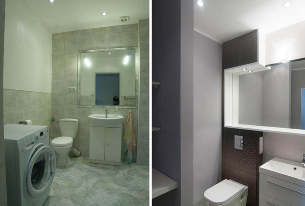 Dwie różne aranżacje łazienki: po lewej jasna z pralką, po prawej ciemniejsza z mozaiką, obie z toaletą i umywalką.