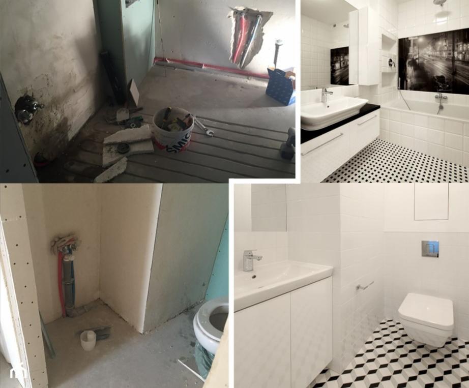 Kolaż przedstawiający stan łazienki przed i po remoncie: surowe ściany z wystającymi rurami w trakcie prac oraz wykończona, biała łazienka z czarno-białą mozaiką na podłodze, umywalką i wanną.