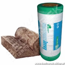 Rolka i fragment wełny mineralnej Knauf Insulation z etykietą ECOSE, na białym tle, z widocznym znakiem wodnym sklepu.