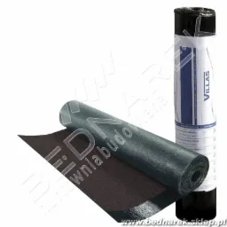 Rola papy termozgrzewalnej marki VILLAS, częściowo rozwinięta, obok pionowo ustawionej, zapakowanej rolki z widoczną etykietą informacyjną.