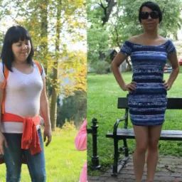 Kobieta przed i po przemianie sylwetki, na zdjęciu po prawej w okularach przeciwsłonecznych i dopasowanej sukience w paski, stojąca na tle parku z ławką.